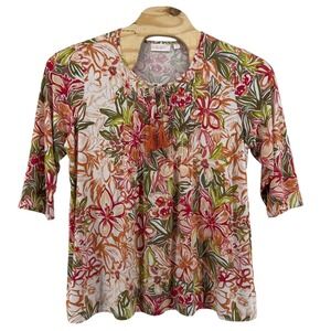 Belle by Kim Gravel Women's XL 3/4 Sleeve Tropical Floral Print Tassle Neck Top